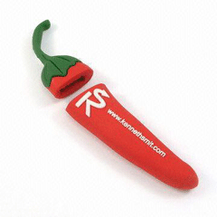 A red and green pepper shaped usb drive with rubber gaskets.