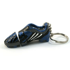 A blue soccer shoe keychain on a white background